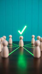Obraz premium Wooden figures in a circle connected by light lines to one figure with a checkmark, symbolizing success, leadership, and selection, representative of teamwork or achievement