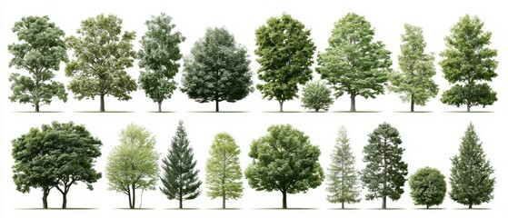 Fototapeta premium Collection of different deciduous and coniferous trees isolated on white background