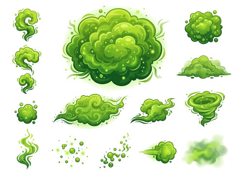 Collection of cartoon green stink clouds and toxic gas smoke effects.