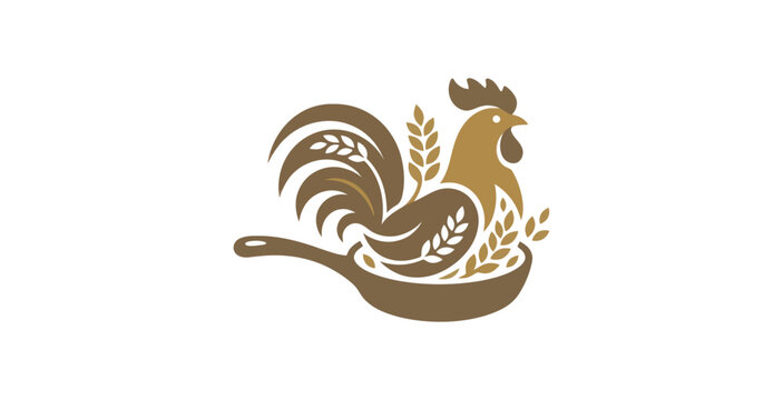 Rooster and Wheat Frying Pan Logo Design