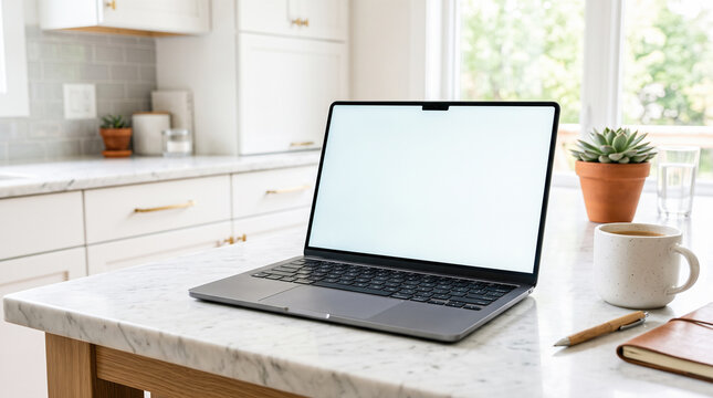 Modern laptop computer displaying blank white screen resting on elegant marble kitchen island table with coffee cup notebook inside bright cozy home