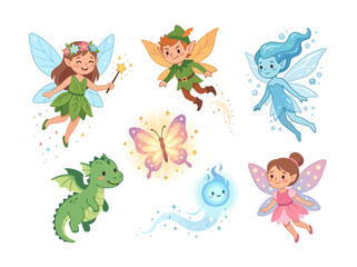 Naklejka premium A collection of magical fantasy characters including fairies a dragon and a glowing butterfly.