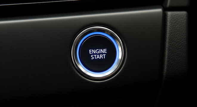 Close-up of a modern cars engine start button with a blue glowing ring on a black dashboard