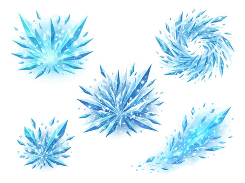 A collection of five distinct blue ice crystal explosions and frozen shards isolated on white.