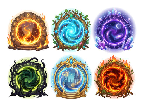 Set of six magical fantasy portals with diverse elemental and mystical designs.