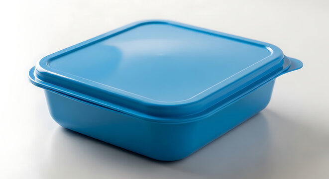 Blue plastic food storage container with closed lid on plain background