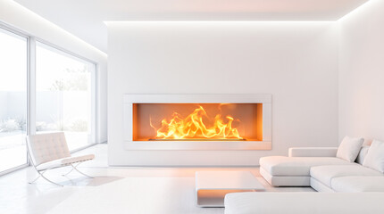 Obraz premium Luxury minimalist white living room interior featuring futuristic glowing digital fireplace modern furniture empty bright space architectural design relaxing comfortable contemporary home environment