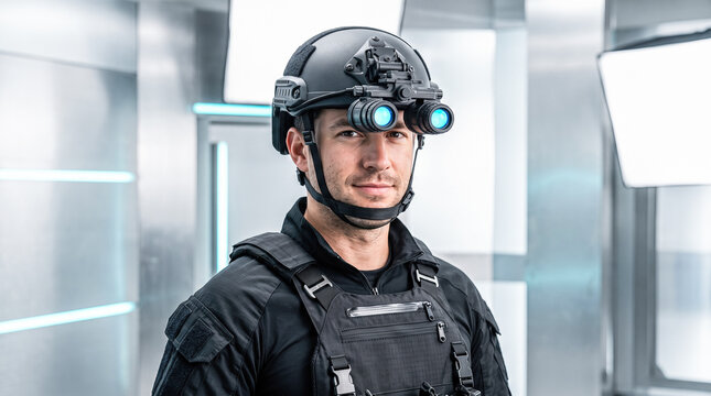 Confident military tactical soldier wearing heavy black uniform and futuristic glowing blue night vision goggles standing inside bright modern metallic corridor
