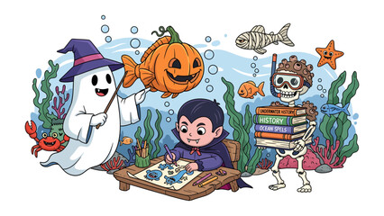 Fototapeta premium Underwater Halloween Classroom: A whimsical ghost teacher guides a vampire student and a skeleton learner through an underwater classroom filled with spooky sea creatures and festive decorations.