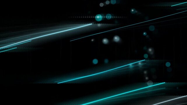 Abstract Neon Glow: A dynamic abstract composition featuring vibrant turquoise neon lines streaking across a dark background, interspersed with soft bokeh lights.