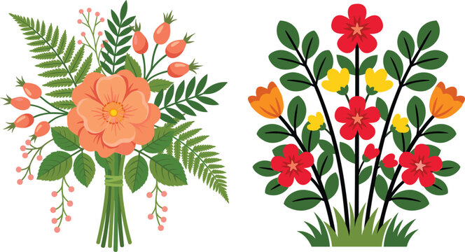 Meadow flowers vector set with peach rose bouquet orange rose hips red star blossoms and yellow buttercups for wedding invitations