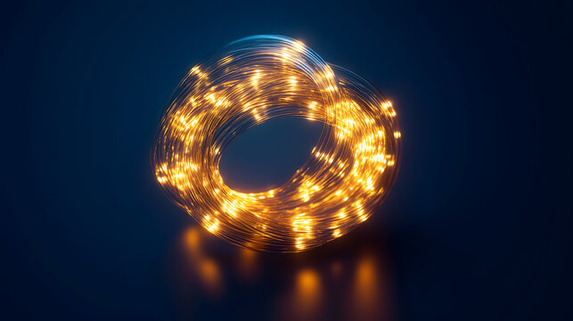 A circular coil of glowing golden fairy lights against a dark blue background.