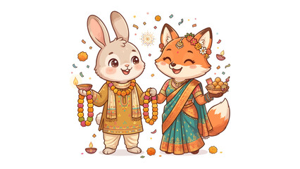 Fototapeta premium Diwali Celebration: A cute bunny and fox adorned in traditional Indian attire celebrate Diwali, holding offerings and surrounded by diyas and festive decorations, symbolizing joy and togetherness.