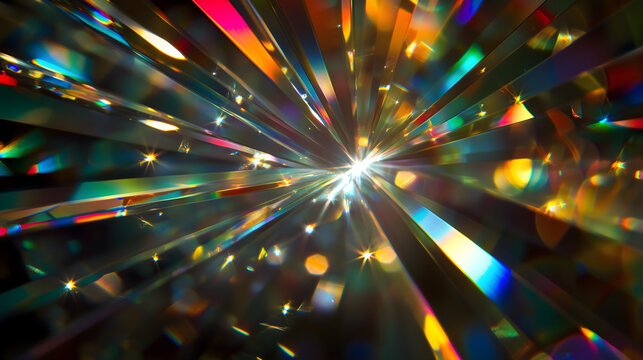 Abstract background featuring vibrant rainbow light refraction through a crystal prism.
