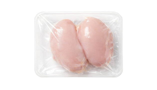 Two raw chicken breasts sealed in a transparent plastic tray, isolated on transparent background. Fresh poultry packaging concept for food industry, retail, and advertising design use.