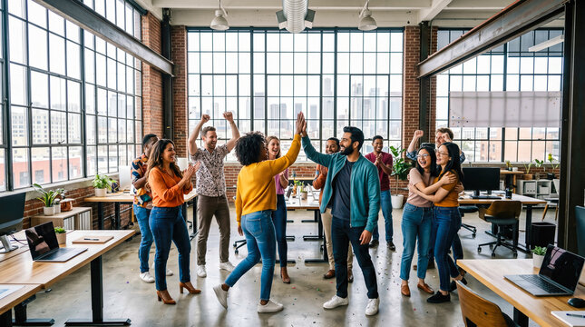 Excited diverse creative startup business team celebrating corporate victory giving high fives together inside bright spacious modern loft office workspace overlooking city skyline