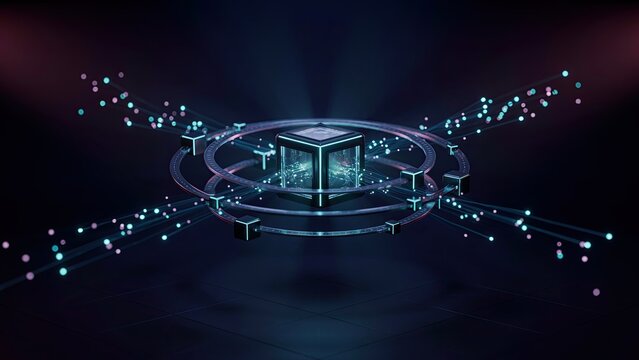 Central cube remains suspended in space surrounded by rotating light rings and flowing streams of digital data.