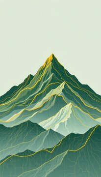 Structured data chart mountain forms created by clean graphic golden axis paths are highlighted in a clean minimalist olive green illustration setup