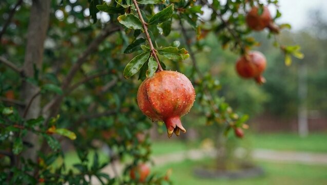Ripe Red Pomegranates Hanging on a Tree Branch with Water Droplets