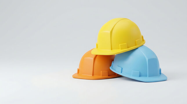 Three colorful hard hats stacked together on a plain white background, for construction safety