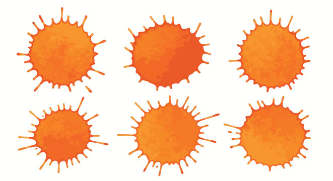 Set of six bright orange watercolor paint splats and liquid drips isolated on a white background. Textured organic blots with radial splatter patterns for graphic design elements.