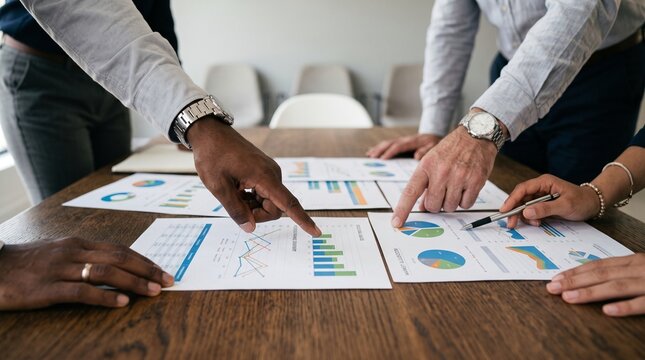 Diverse Professional Team Analyzing Financial Growth Charts and Marketing Data Reports During a Collaborative Strategic Office Meeting