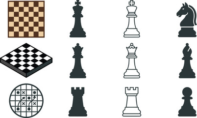 Chess Icon Collection with Chessboard, King, Queen, Rook, Bishop, Knight, Pawn, and Strategy Game Vector Illustration Set © MstShahida