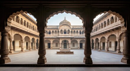 Fototapeta premium Courtyard of a Historic Indian Building With a Central Fountain