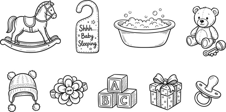 Vintage hand drawn style baby doodle icons featuring rocking horse bath tub alphabet blocks teddy bear and pacifier set