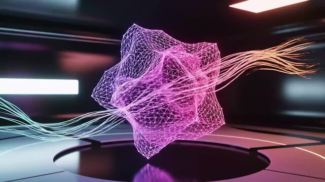 Abstract glowing pink and purple wireframe shape in a dark futuristic room with a sleek platform and neon lights