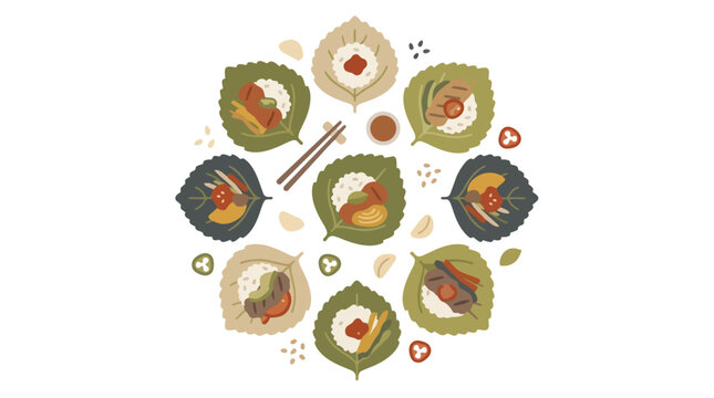 Top view illustration of Korean ssam wraps with perilla leaves and various ingredients.