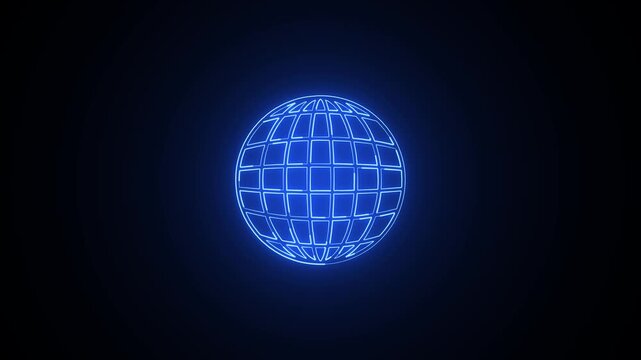 Glowing blue neon globe with grid pattern on dark background for digital technology concept
