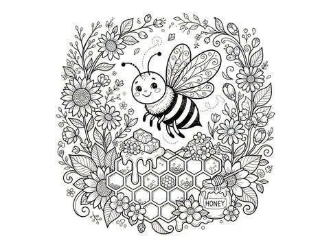Cute cartoon bee flying over honeycomb and flowers in a garden drawing for coloring book page