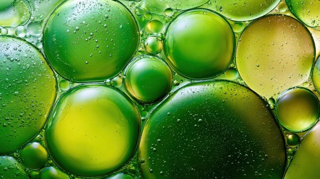 Abstract macro background of oil drops on water surface, creating vibrant green and yellow circular patterns and bubbles