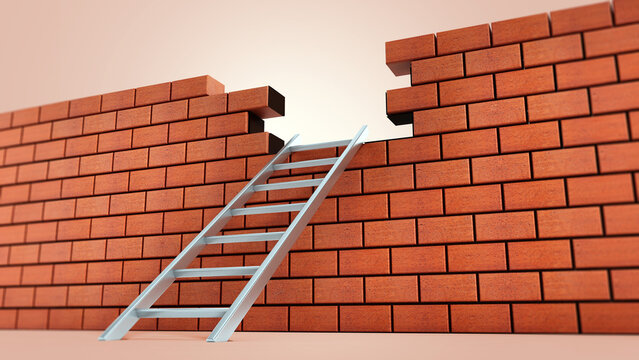 Metal ladder on brick wall with missing bricks. 3D illustration