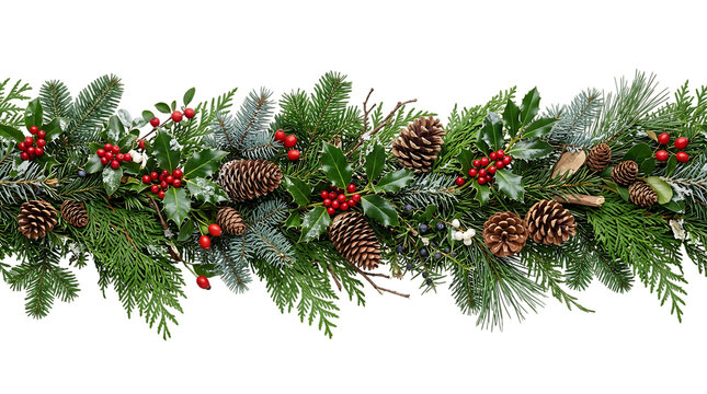 Christmas garland made of green pine branches with red berries and brown pine cones