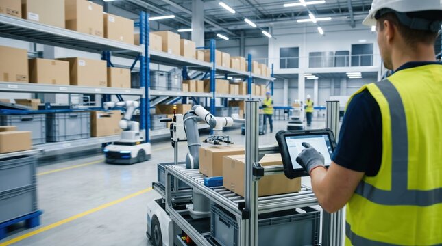 Warehouse worker operating robotic arm with tablet in automated logistics center, industrial automation and smart supply chain management with AGV robots and conveyor systems