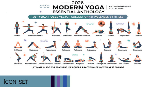 Print Modern Yoga Poses Vector Collection Wellness and Fitness Characters Set