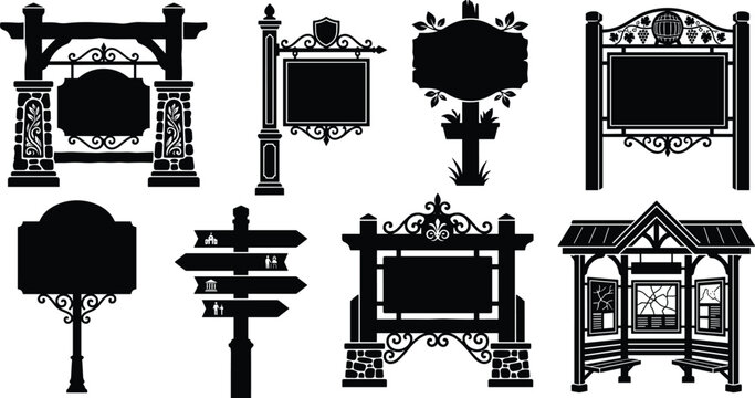 Collection of vintage black silhouette signboards, directional posts, and outdoor information kiosks isolated on white