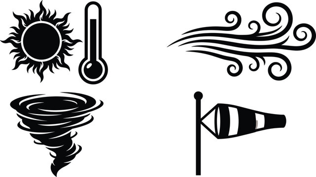Weather glyph icons vector set with solid silhouette black wind tornado windsock and heat symbols