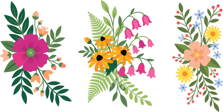  Wildflower bouquets vector set with colorful magenta anemone yellow daisy pink bluebell and botanical fern leaves elements for wedding invitations