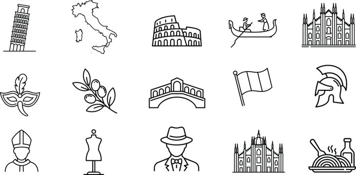 Italy Travel and Culture Icon Set with Colosseum Leaning Tower Pisa Gondola Pasta and Landmark Line Art Symbols for Tourism Websites and Destination Guides