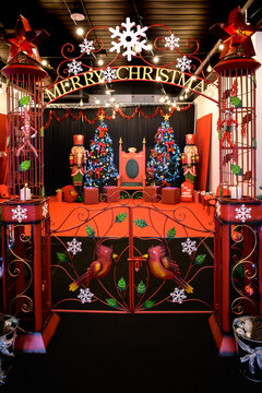 Christmas Celebration Entrance with Colorful Decorations and Trees for Holiday Events - vertical