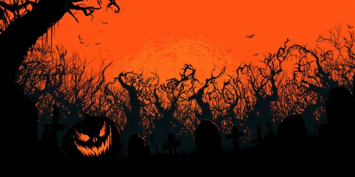 Evil jackolantern pumpkin in a spooky graveyard, silhouette of twisted dead trees and tombstones under a glowing orange moon, halloween background
