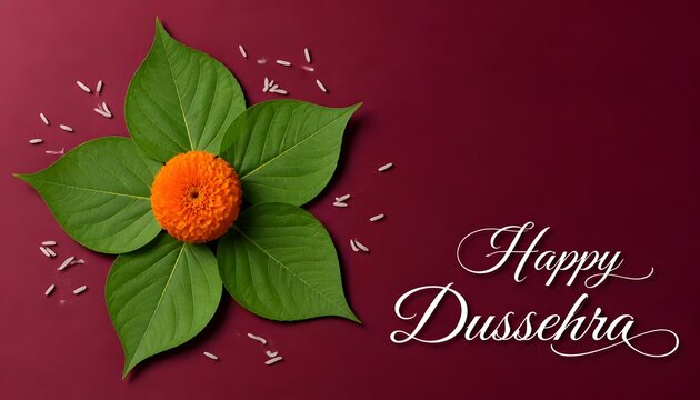 Vibrant orange marigold flower with green leaves on a maroon background surrounded by rice grains celebrating Happy Dussehra with elegant white typography