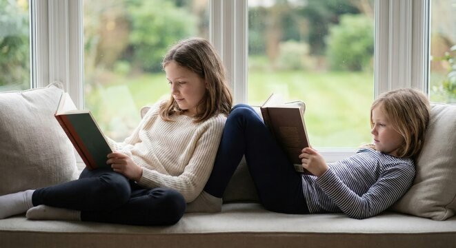 Sisters reading books on window seat at home