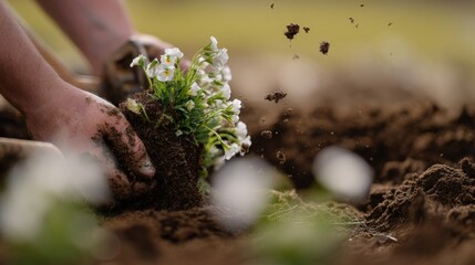 Fototapeta premium Hands plant flowers in soil during a gardening activity on a sunny day