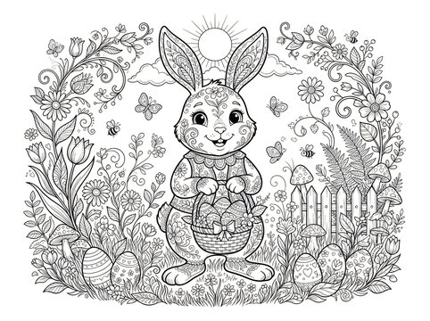Cute easter bunny holding a basket with decorated eggs in a flower garden coloring page for kids