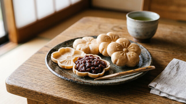 Monaka, Japanese crispy wafer sweets filled with sweet red bean paste on ceramic plate
