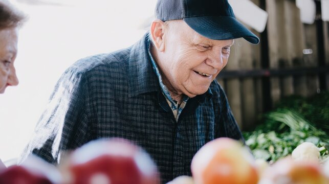 Elderly man shopping at a farmers market with woman during daytime in a local outdoor market in the summer
